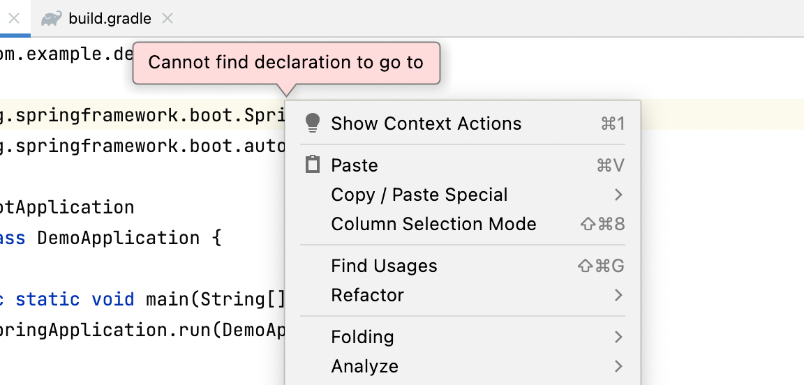 Cannot find declaration to go to IntelliJ